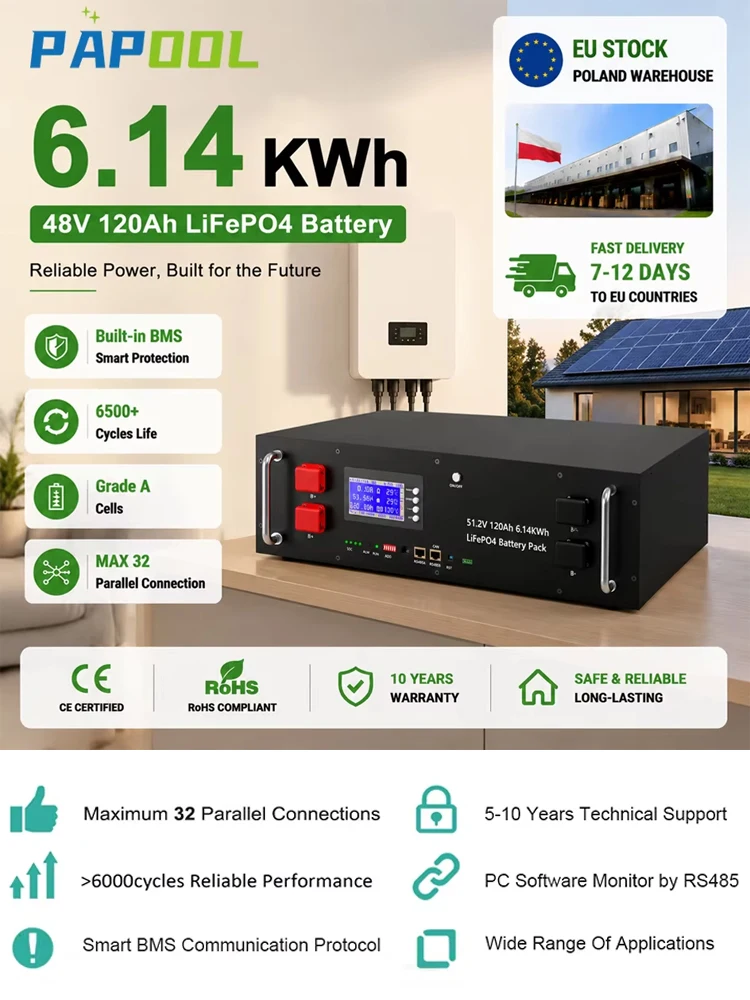 LiFePO4 48V 120Ah Akkupack 6,14 kWh 6500+ Zyklen RS485 CAN 16S Bluetooth BMS 51,2V 100Ah 150Ah 200Ah 300Ah Lithium-Batterie für Heim-Solarwechselrichter-Energiesystem EU-Lagerbestand ohne Steuern