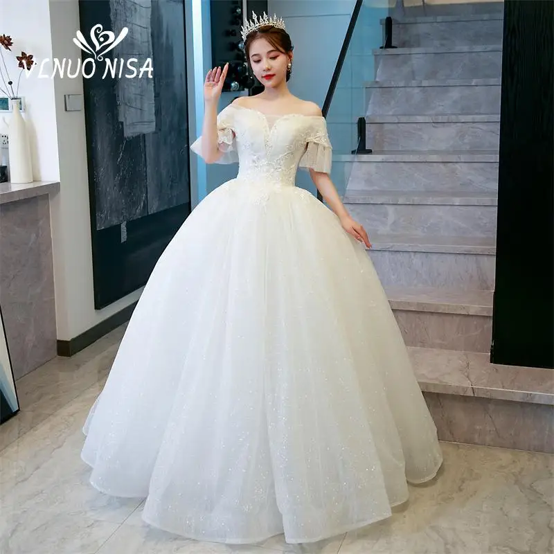 ที่กําหนดเอง VLNUO NISA เงา Ball Gown ปิดไหล่ชุดแต่งงานแขนยาวลูกไม้ Glitter Appliques vestido De Noiva Pluse ขนาด