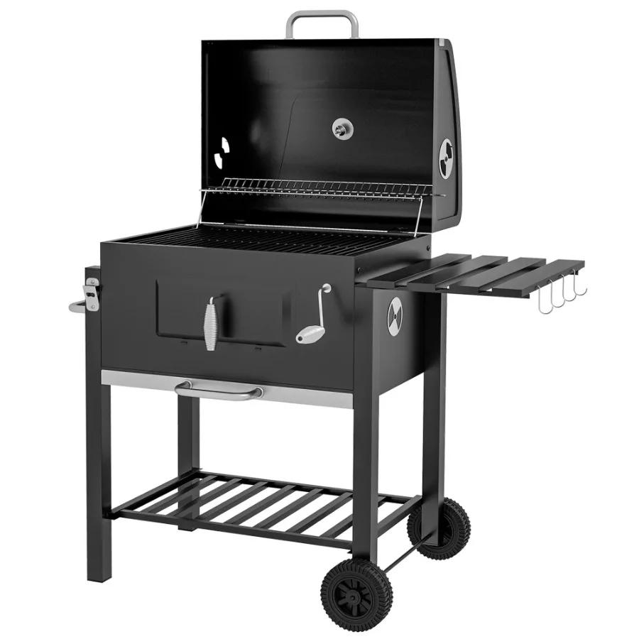 

Charcoal BBQ Grill and Smoker Combo Outdoor Portable Trolley Camping Picnic Backyard with Side Shelf Black