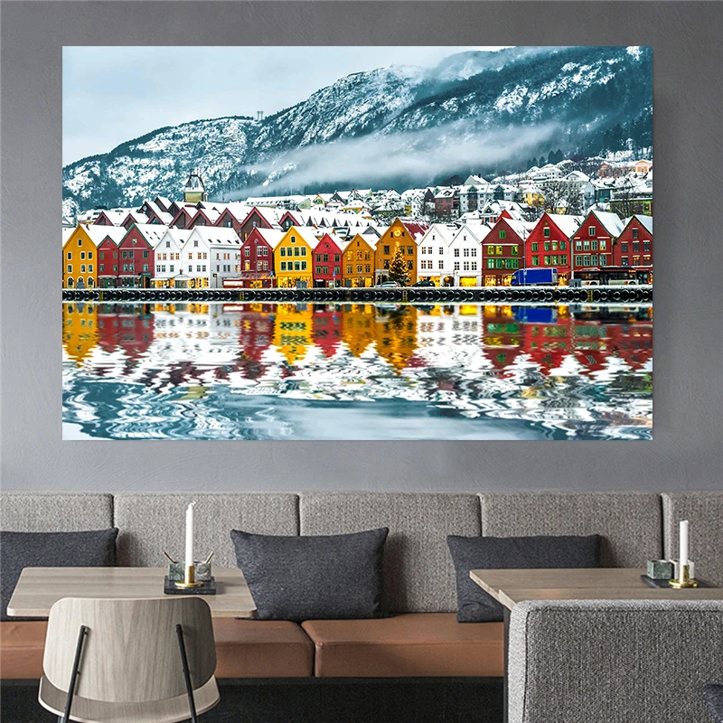 Bergen Canvas Painting Bergen Snow Mountain Posters Prints Wall Art Norway Landscape Picture for Living Room Decor Cuadros