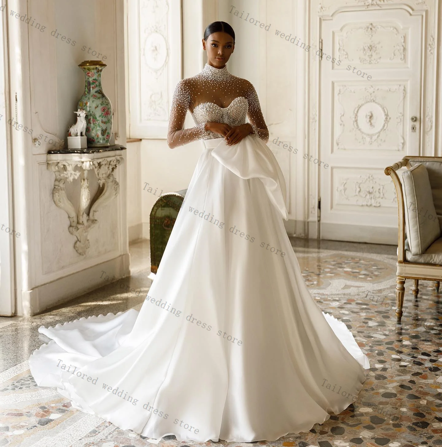 

White Pearls A Line Women Wedding Dresses Elegant Sexy SheerNeck Full Sleeves Bridal Gown Church Customized Luxury Formal Robe