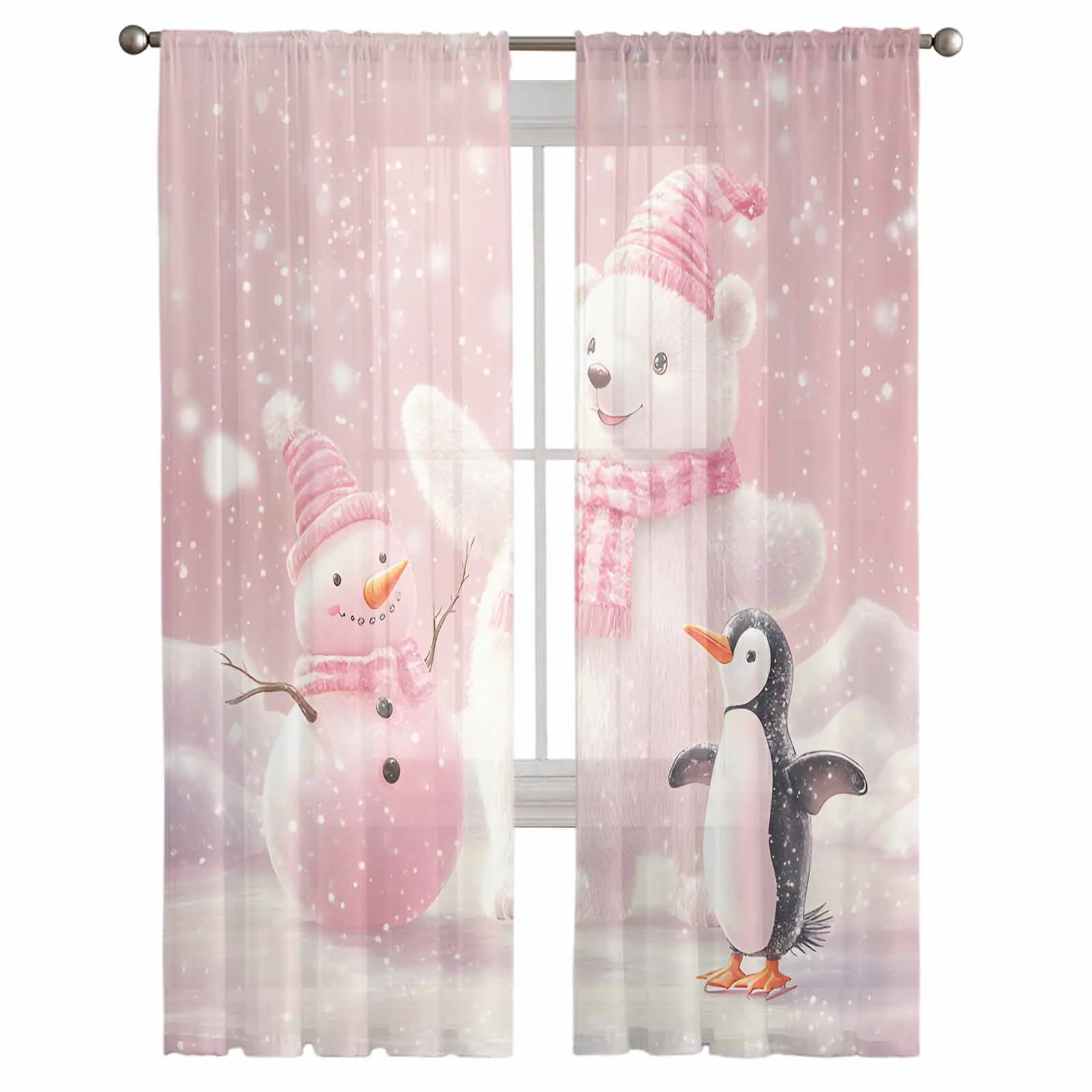 Christmas Pink White Bear Penguin Curtains For Living Room Bedroom Home Decoration Window Voile Tulle Curtain Drapes