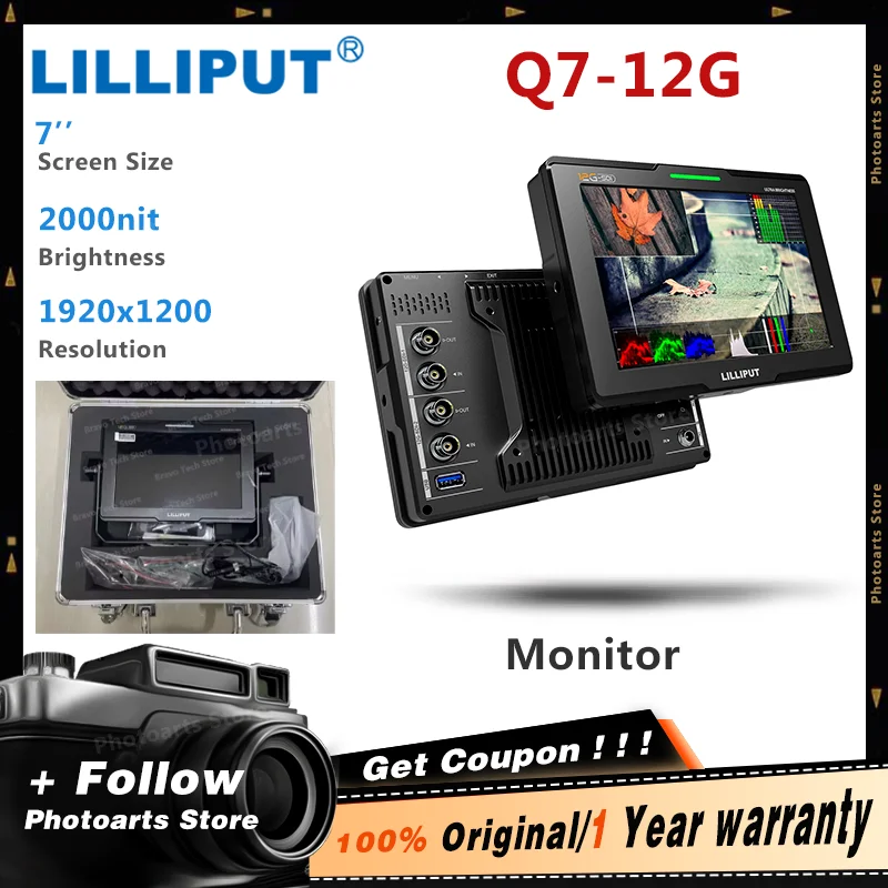 LILLIPUT Q7-12G Monitor 7 inch 4K HD 12G-SDI/HDMI2.0 2000nit Brightness HDR 3D-LUT Field Monitor for DSLR Camera Video Camera