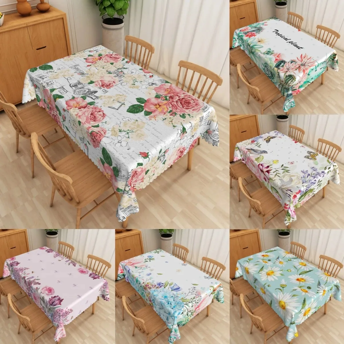 

Vintage Floral Tablecloth 2D Flat Printed Waterproof Polyester Shabby Chic Table Cover Spring Summer Dining Room Wedding Decor