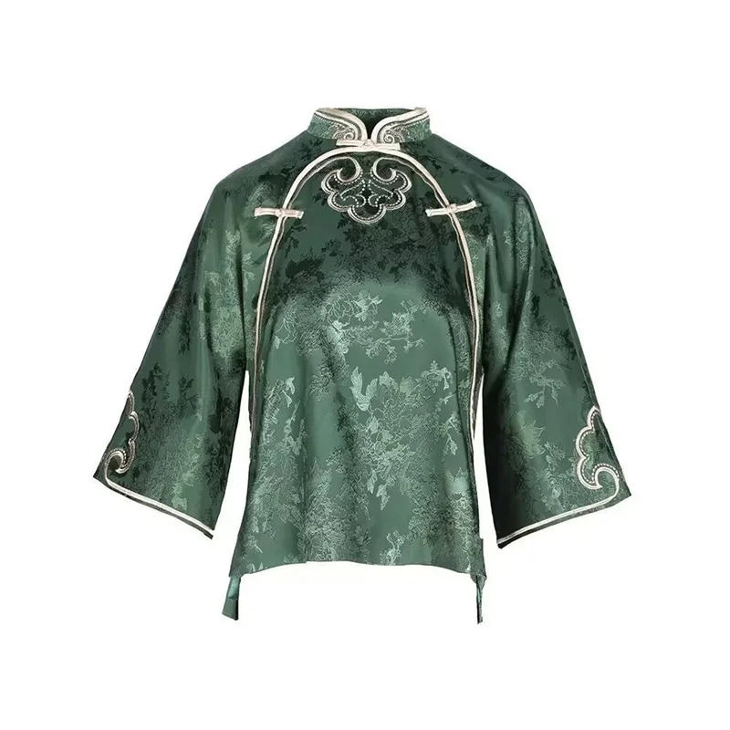 Nova camisa feminina camisas verde estilo étnico chinês blusa retroimitação fivela de seda tang terno para mulher no outono e verão