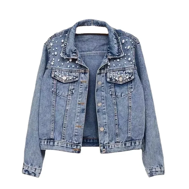 Pearls Denim Women Jacket Female Lady Work Wear 1 Piece Spring Short Coat Outfit Hot Girl Casual Wear