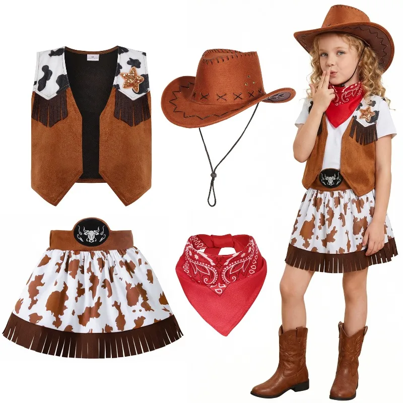 

Disfraz Cowboy Cowgirl Cosplay Costume for Girl Vest Skirt Hat Fantasy Cowboy Costumes Halloween Carnival Fancy Dress Suit