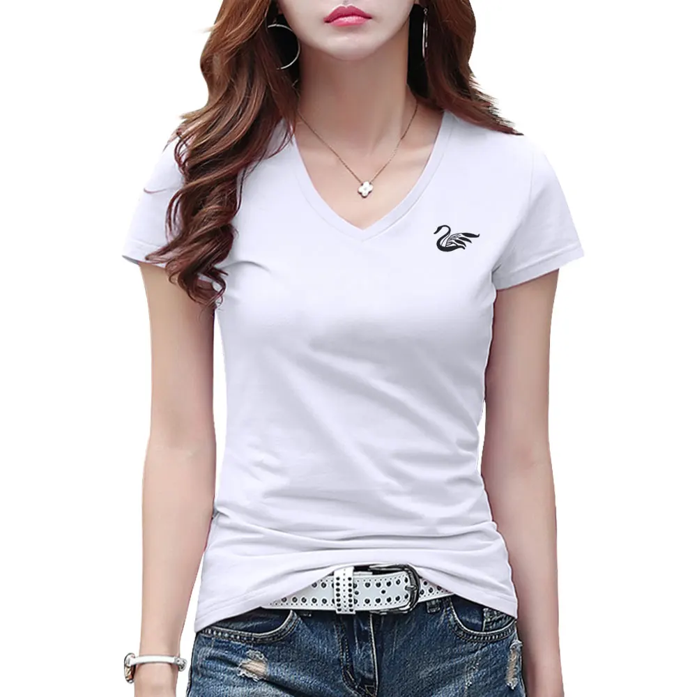 Plus Size 5XL Swan Printing Cotton Women Tshirt 2024 New Summer V-neck Lady Tees Shirt Female Casual Short Sleeve T-shirts Tops