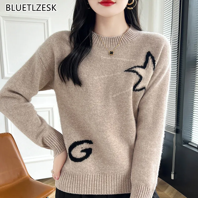 Cashmere Sweater Women\'s 2024 Autumn/Winter New Knit Round Neck Pullover 100% Wool Loose Korean Fashion Luxury Female Clothing