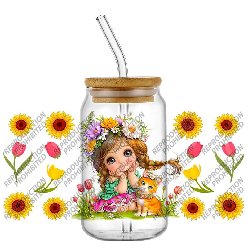 Esclusivo girasole cartone animato femminile Impermeabile Decalcomanie fai da te Adesivi per trasferimenti 3D 16 oz UV DTF per involucri per tazze di occhiali