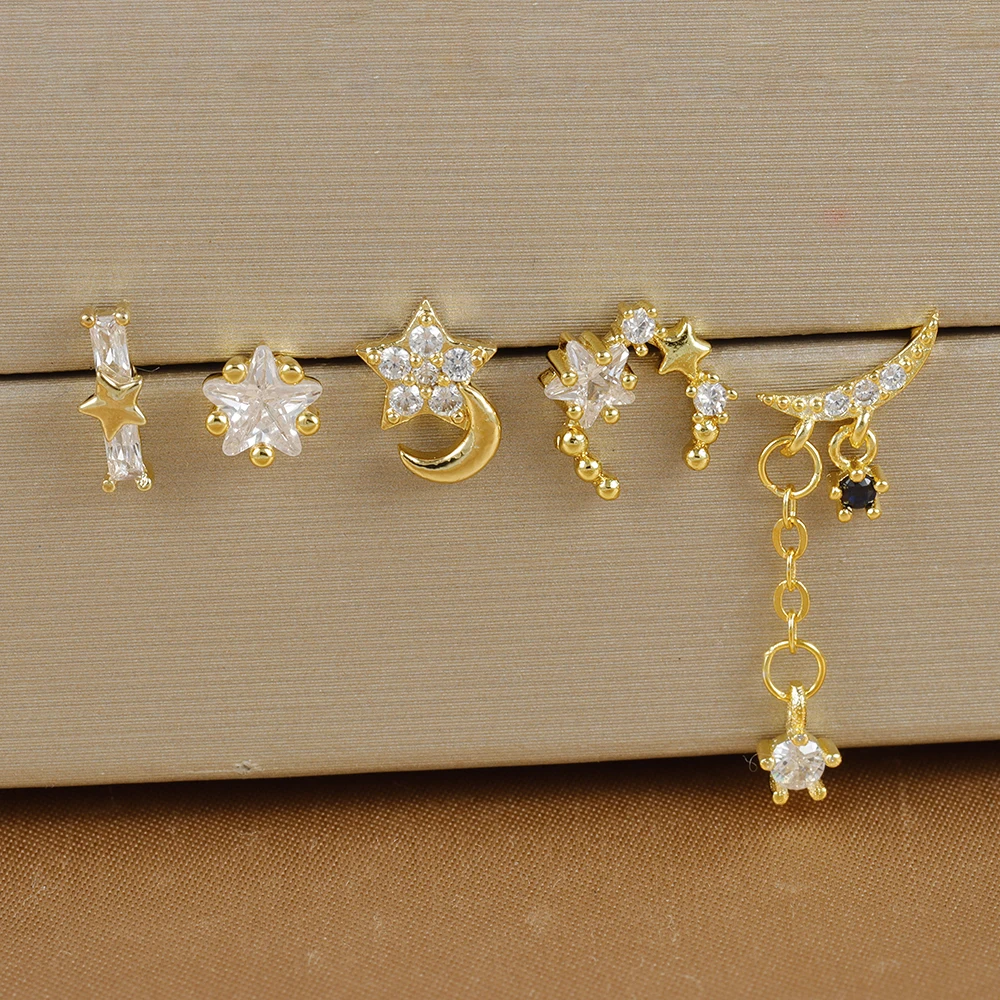 5PCS Fashion 18K Gold Plated Star Moon Stud Earrings Set for Women Stainless Steel Unique Statement Earring Piercing Jewelry