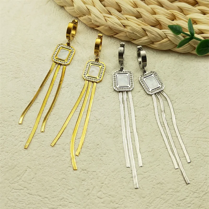 

Stainless Steel Rhinestones Long Tassel Pendant Earrings For Women Fashion Shell Square Statement Jewelry Wedding Party Gifts