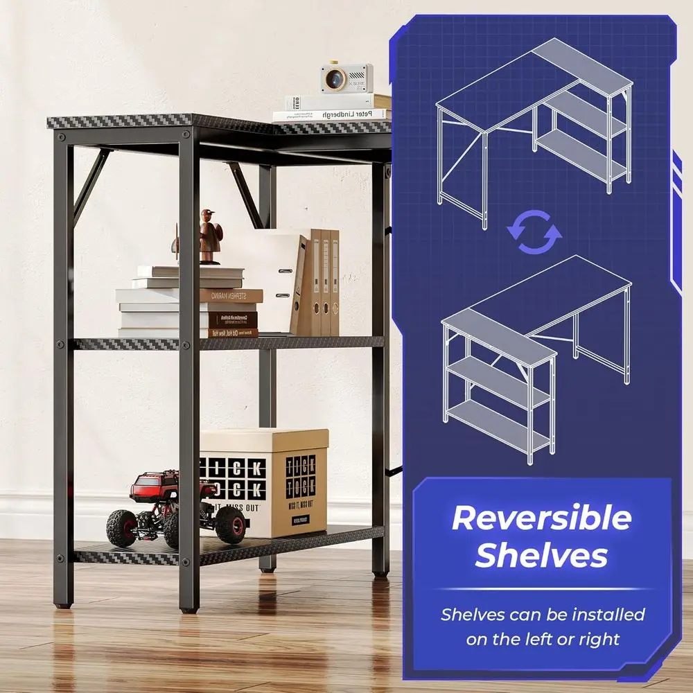 47 Carbon Fiber L-Shaped Desk with Reversible Shelves for Gaming and Home Office