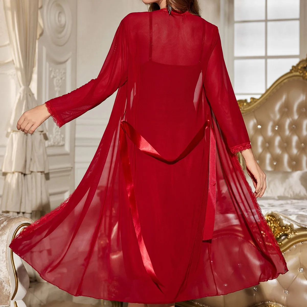 2PCS Robe & Gown ชุดชุดราตรีผู้หญิงตาข่ายชุดนอนเจ้าสาวงานแต่งงานของขวัญเซ็กซี่ Lace Temptation Nightgown เสื้อคลุมอาบน้ําชุดกิโมโนห้องสวมใส่