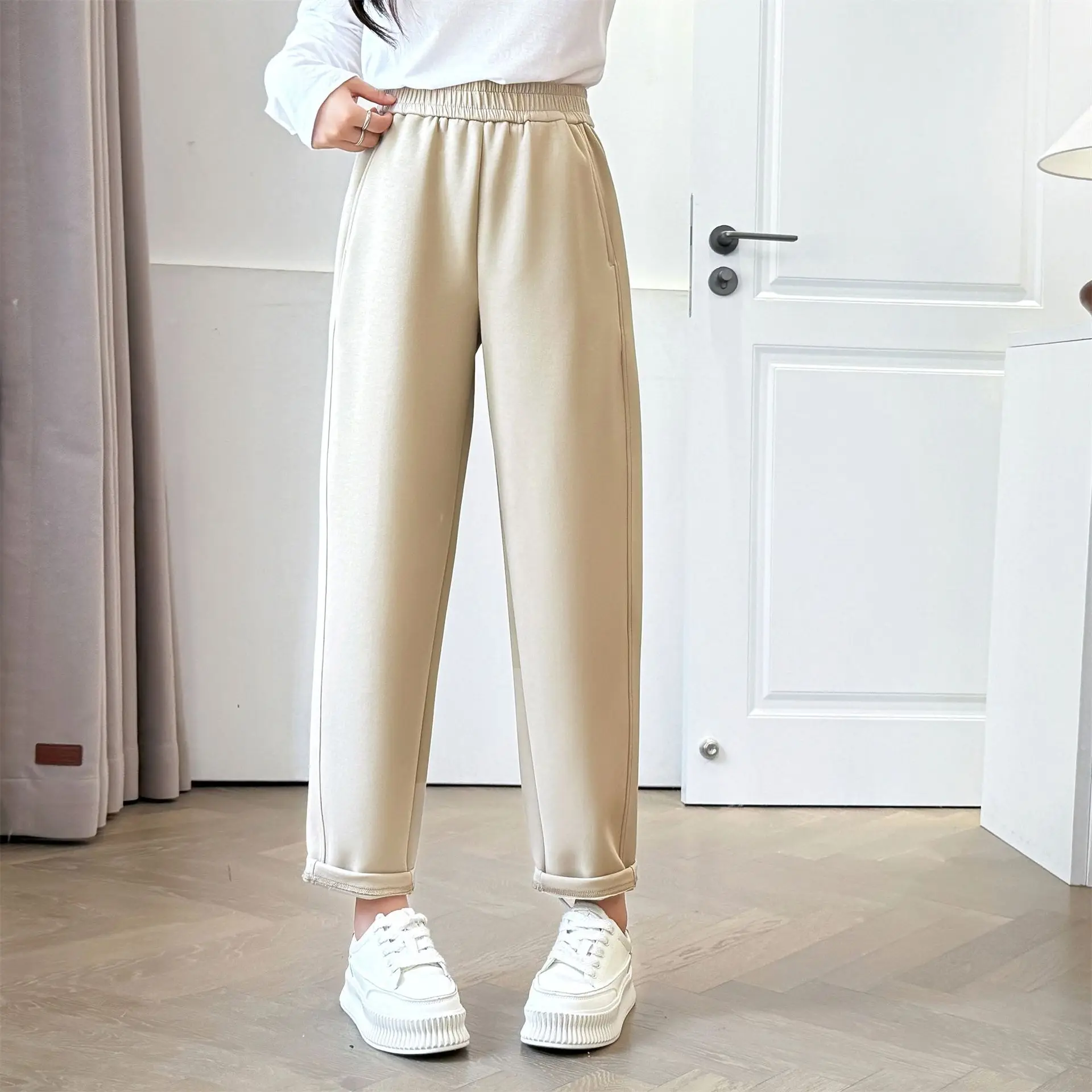 

XXXXXL модные женские шаровары больших размеров, осенний новый стиль, простые и повседневные однотонные брюки до щиколотки с эластичной резинкой на талии