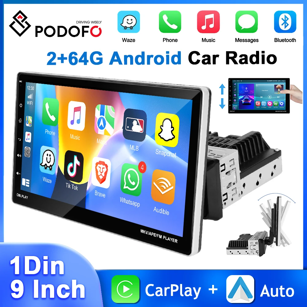 

Podofo 2+64G 9'' Car Stereo 1Din Android Car Radio Carplay Android Auto Multimedia Player GPS Navigation WIFI FM/RDS Autoradio