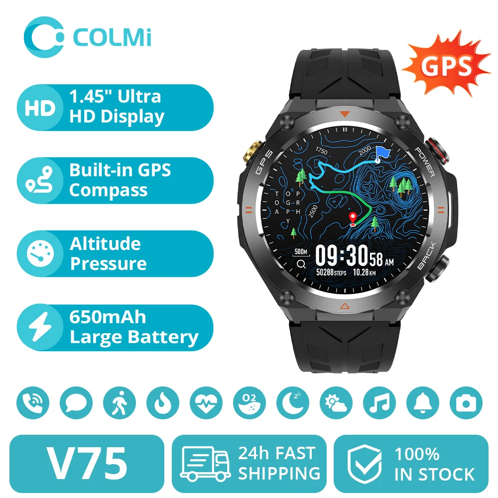 2024 COLMI V75 GPS 스마트 워치, 울트라 HD 디스플레이 내장 GPS 및 나침반, 전화 통화 생성 및 수신 스마트워치, 650mAh 배터리, 1.45 인치 