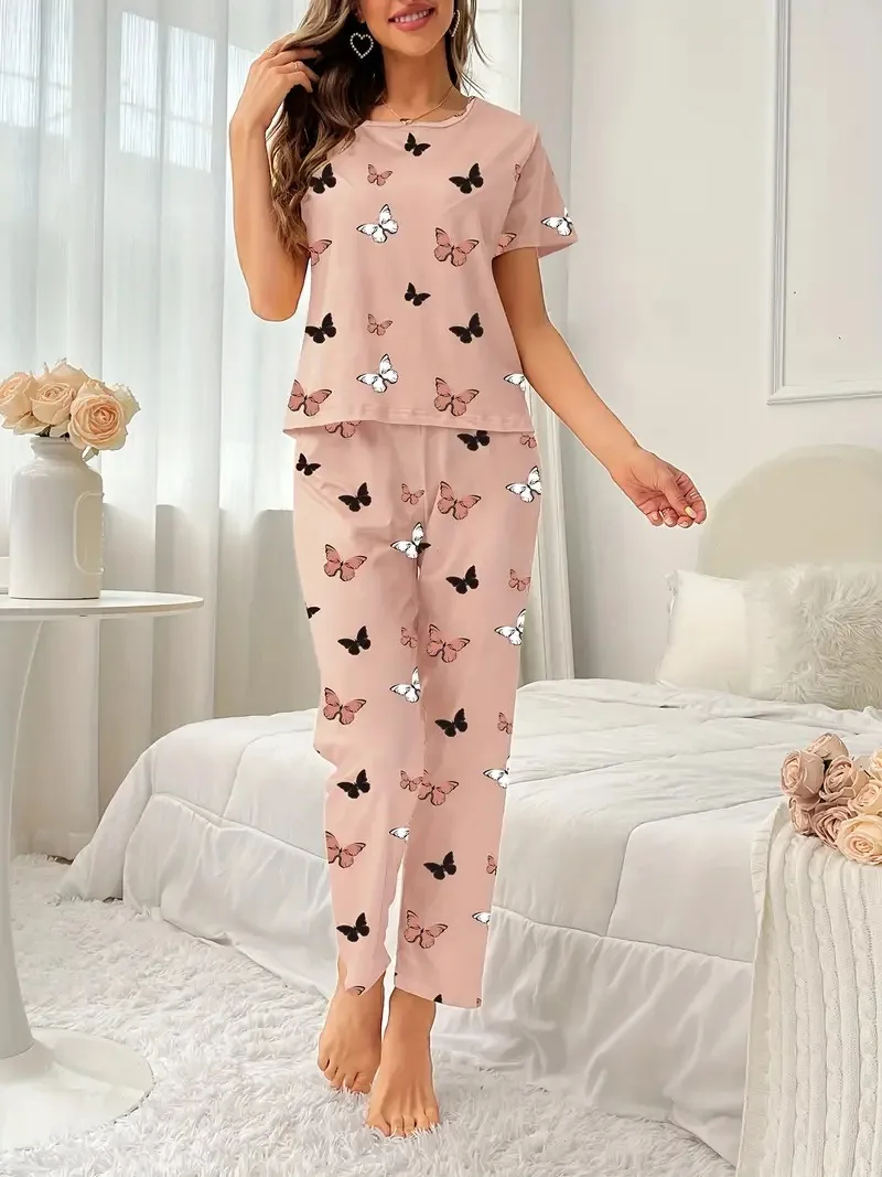 1 Set Butterfly Print Pajama Set, Short Sleeve Crew Neck Top & Elastic Waistband Pants, Women\'s Sleepwear & Loungewear