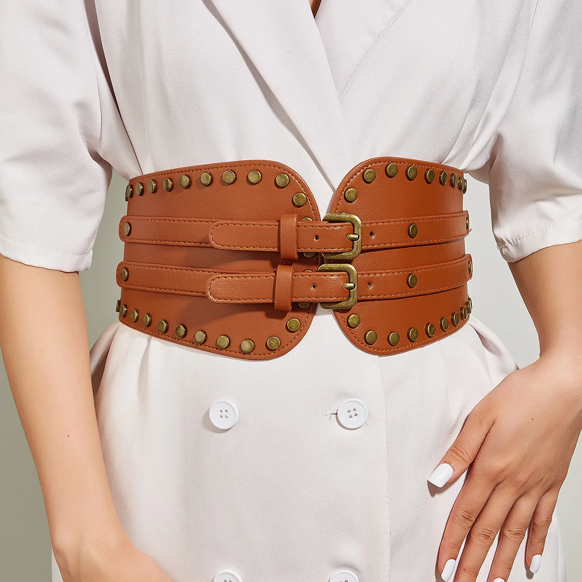 pattern three-button waist seal with outer wear for women's decoration, body slimming, retro metal buckle elastic waist