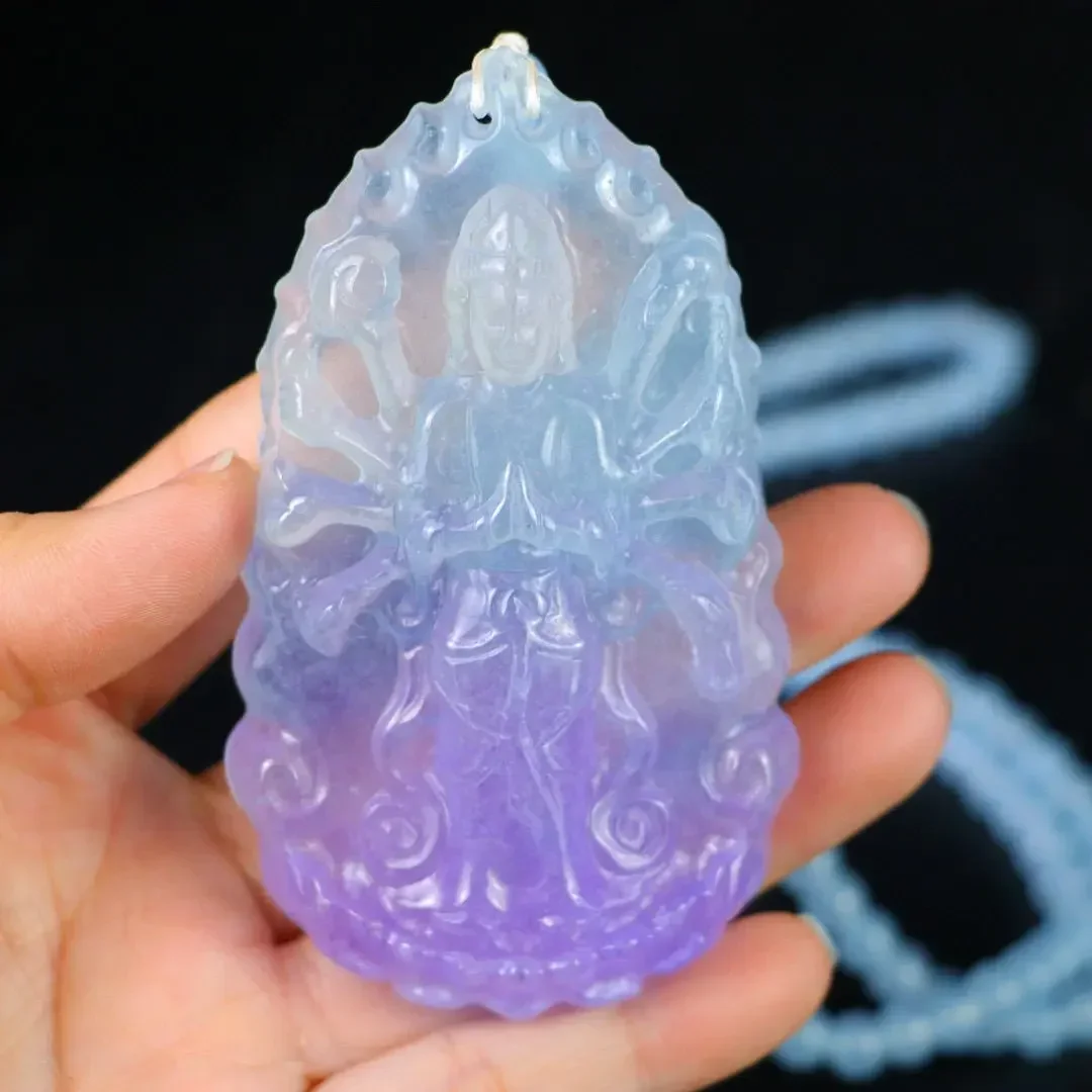 Ice floating purple jadeite carving thousand hands Guanyin jade pendant gift box