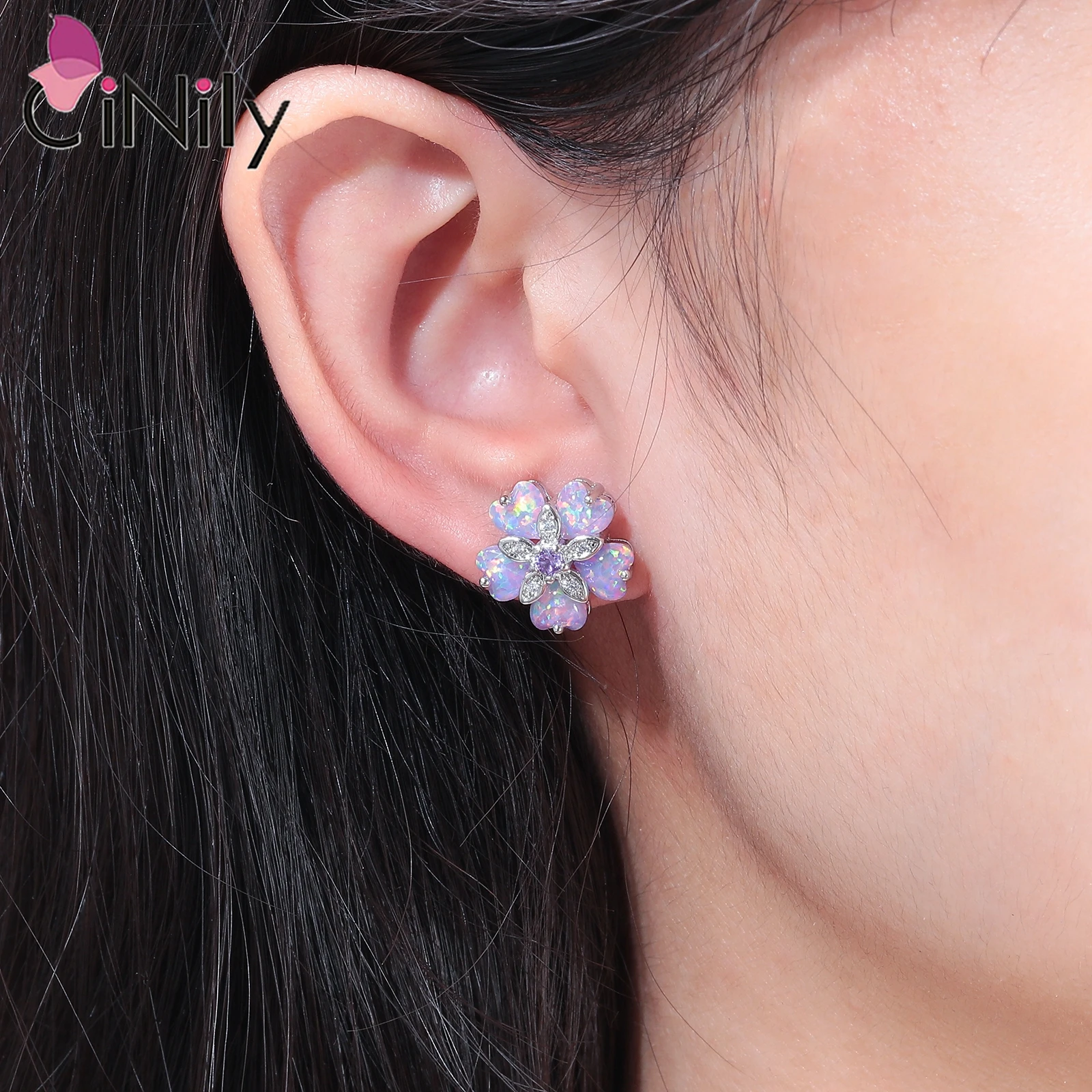 CiNily Purple Fire Opal Stone Stud Earrings for Women Girl Silver Plated Flower Shaped Earring Flora Summer Bohemia Boho Jewelry