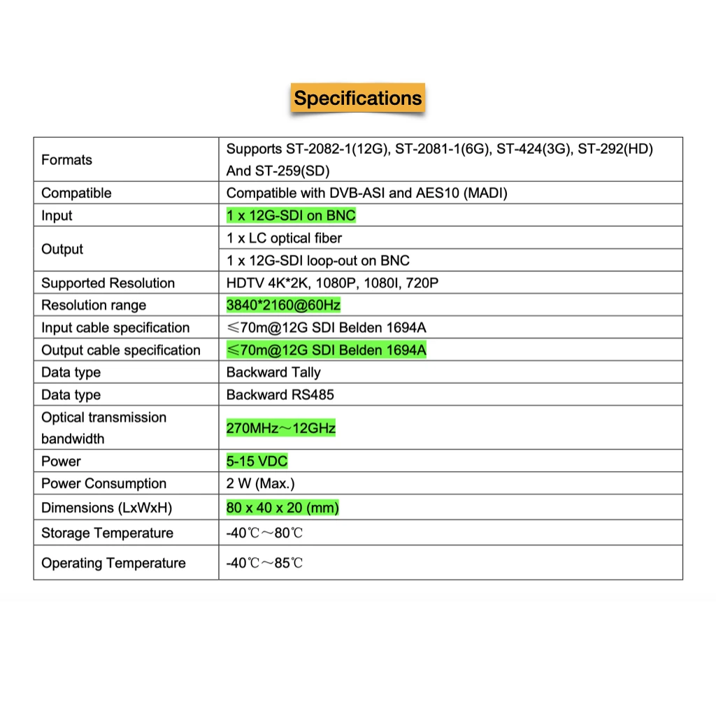 12G-SDI to Fiber Converter with Tally and RS485 Professional Video Solution LC Optical fiber