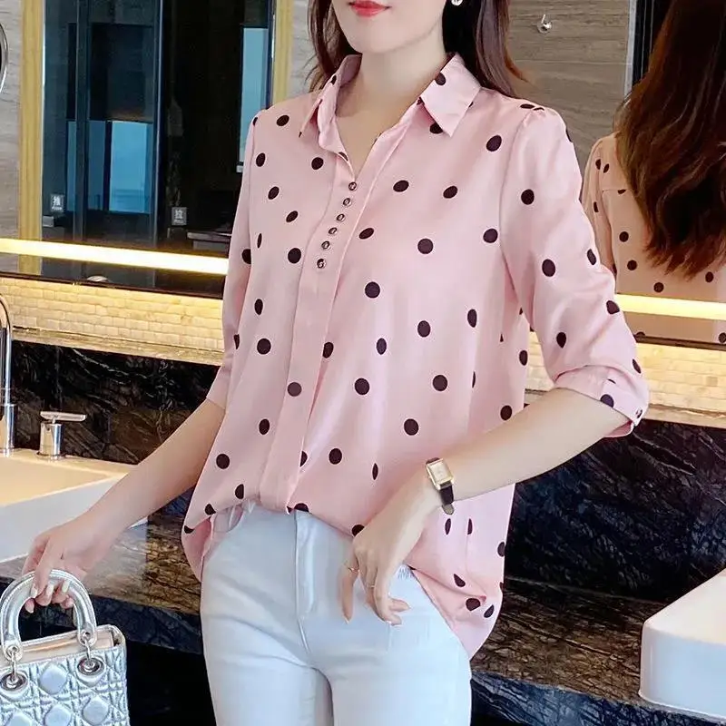 Fashion Lapel Printed Polka Dot Button Oversized Chiffon Shirt New Summer and Autumn Casual Tops Loose Commute Women\'s Blouse