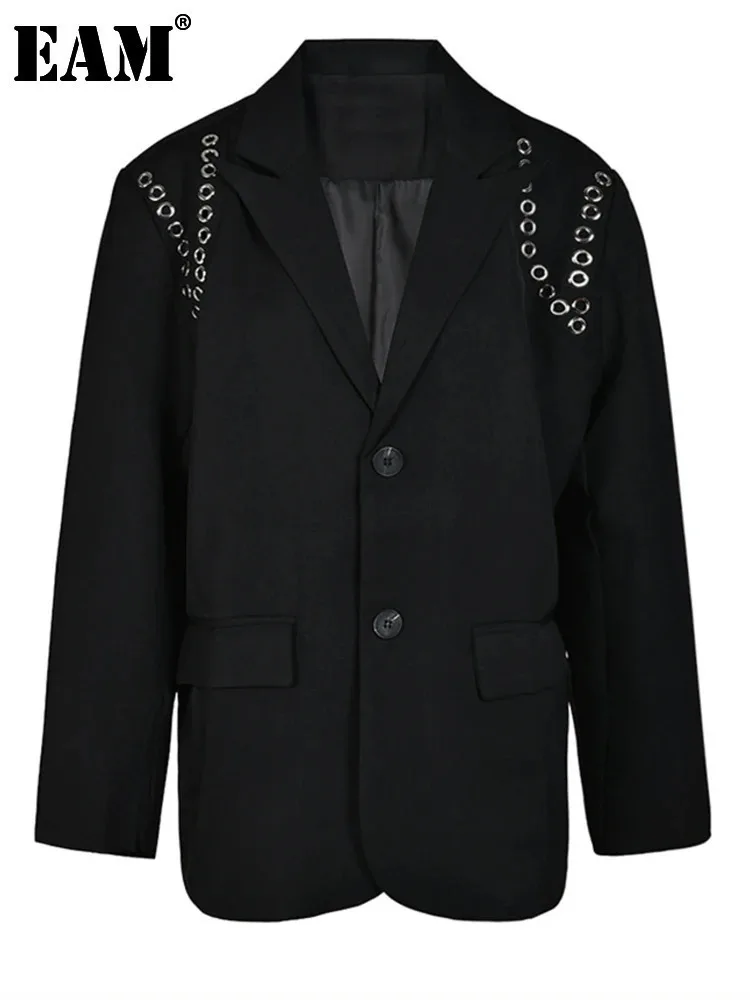 

[EAM] Women Black Metal Hollow Out Big Size Blazer New Lapel Long Sleeve Loose Fit Jacket Fashion Spring Autumn 2024 1DH1541