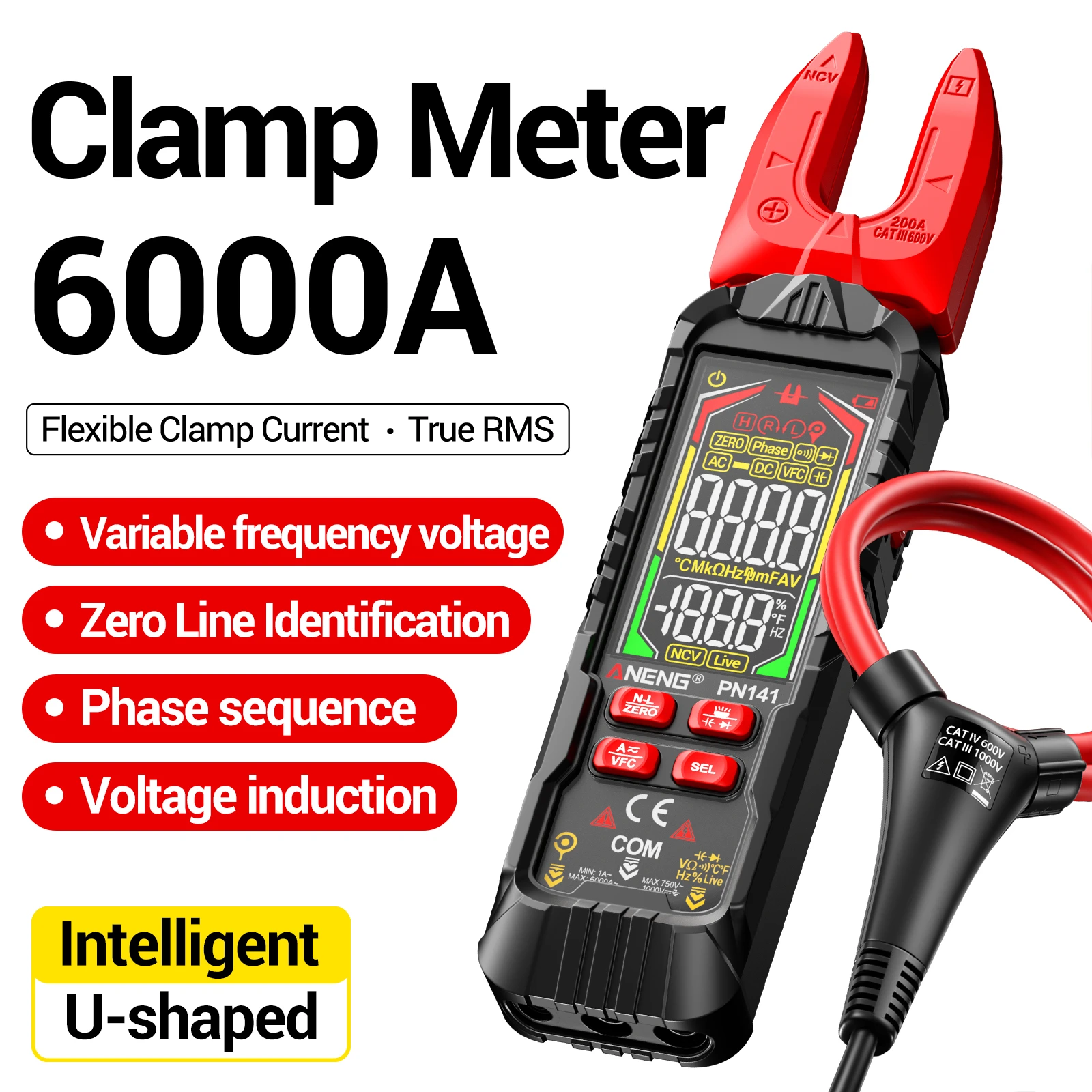 ANENG PN141 Digital Flexible Clamp Multimeter 6000A Reverse Color Screen Frequency Duty Cycle NCV Electrician Repair Test Tool
