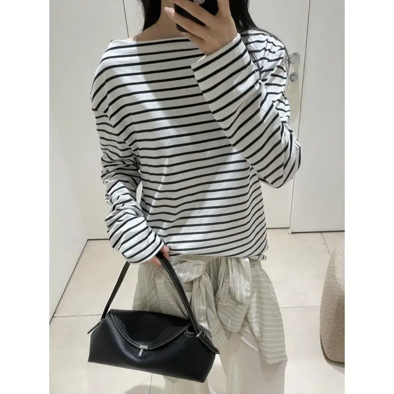 Maxdutti Nordic Minimalist Beautiful Pure Cotton Boat Neck Striped Long Sleeved T-shirt For Women Autumn T-shirt Woman Clothes