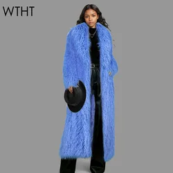 WTHT New Trendy Women's Fake Woolen Faux Fur Plush Long Coat 2024 Winter Fashion Lapel Long Warm Jacket Female 1LS252