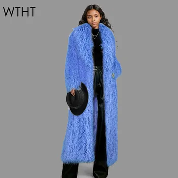 WTHT 新しいトレンディな女性のフェイクウールフェイクファーぬいぐるみロングコート 2024 冬のファッションラペルロング暖かいジャケット女性 1LS252