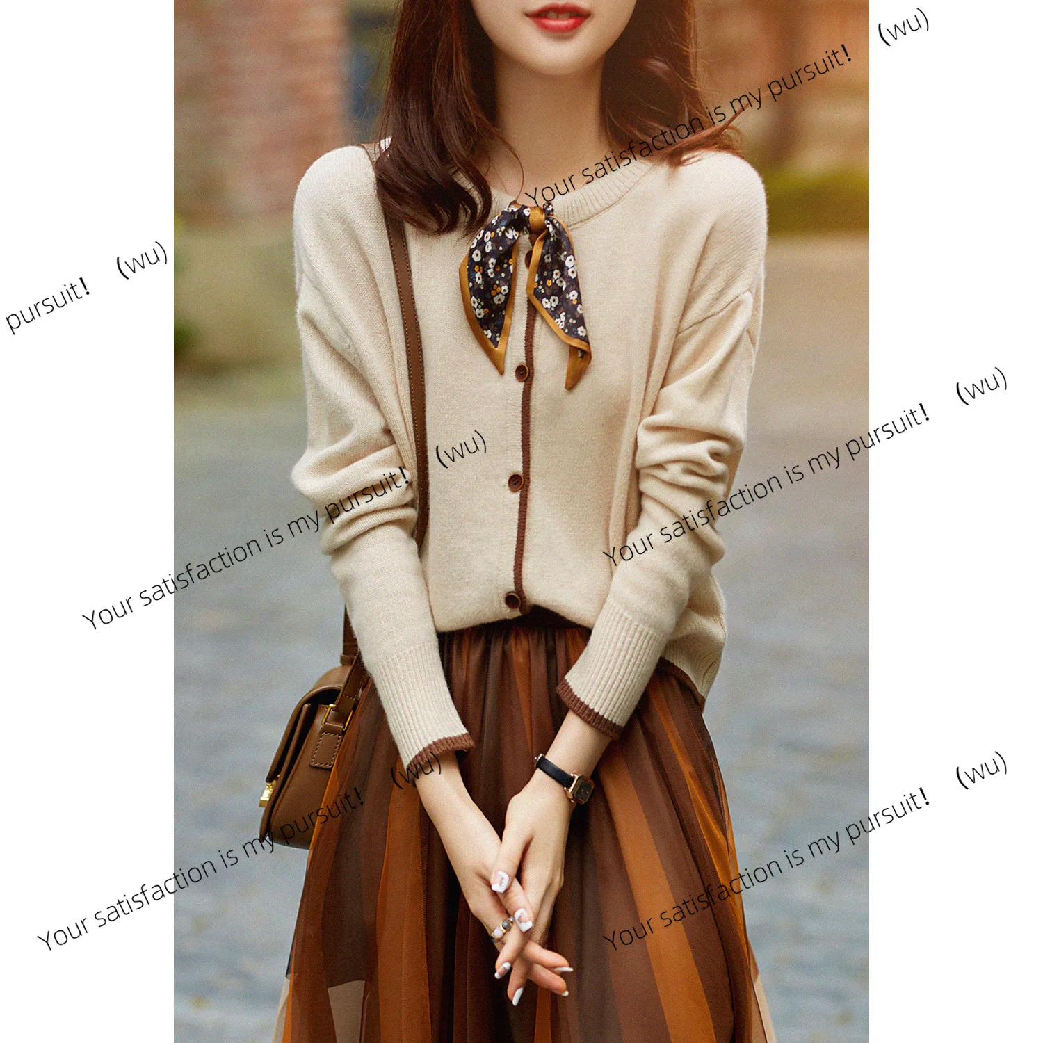 

Sweater Spring and Autumn Women's Cardigan Knitted Jacket Versatile Maillard Women's Silk Scarf Lace-Up Knitted Sweater Crew