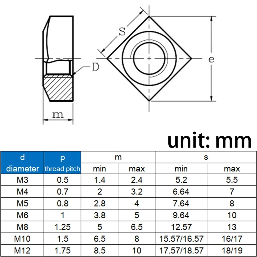 2/5/10/20/50 шт. нержавеющая сталь 304, встроенные тонкие гайки, высокопрочные M3 M4 M5 M6 M8 M10 M12, квадратные гайки DIN557