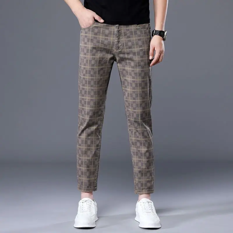 

Male Trousers Plaid Cropped Slim Fit Cotton Men's Casual Pants Check Spandex Harajuku Fashion High Quality Y2k Designer Vintage