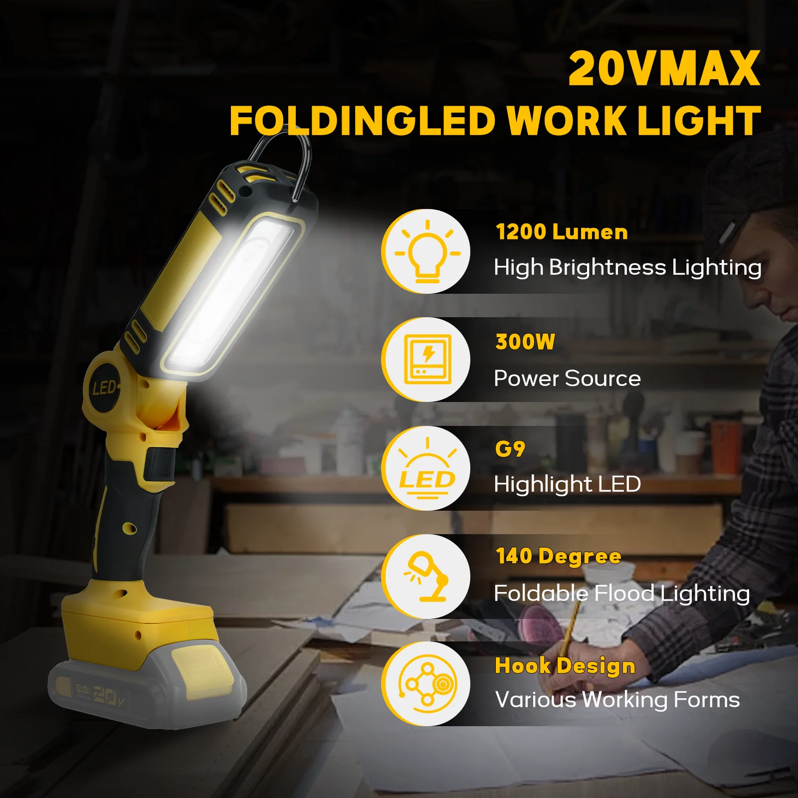 300W Cordless LED Work Light for Dewalt 20V Battery Two Levels Adjustable Up to 1200LM 140 Degree Rotating Wide-Angle Lighting