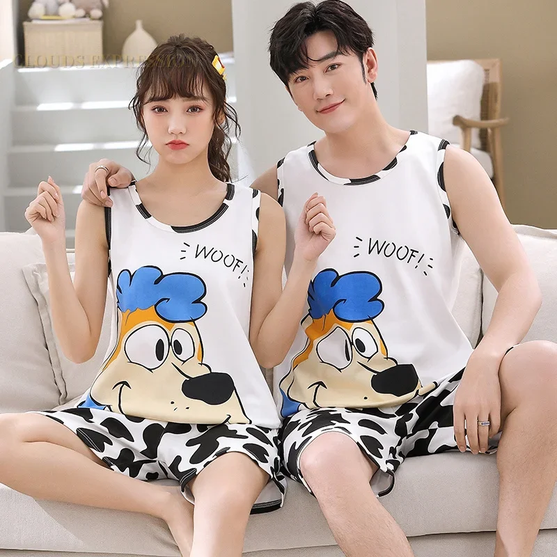 Verão dos desenhos animados do cão de malha algodão dos homens conjuntos pijama sleep & lounge sem mangas polka dots calças masculinas pijamas moda homewear