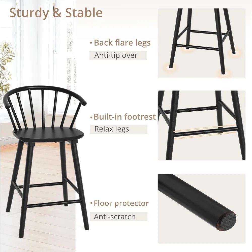 Set of 3 Black Farmhouse Style Mid Century Modern Counter Height Bar Stools with Semicircular Backrest