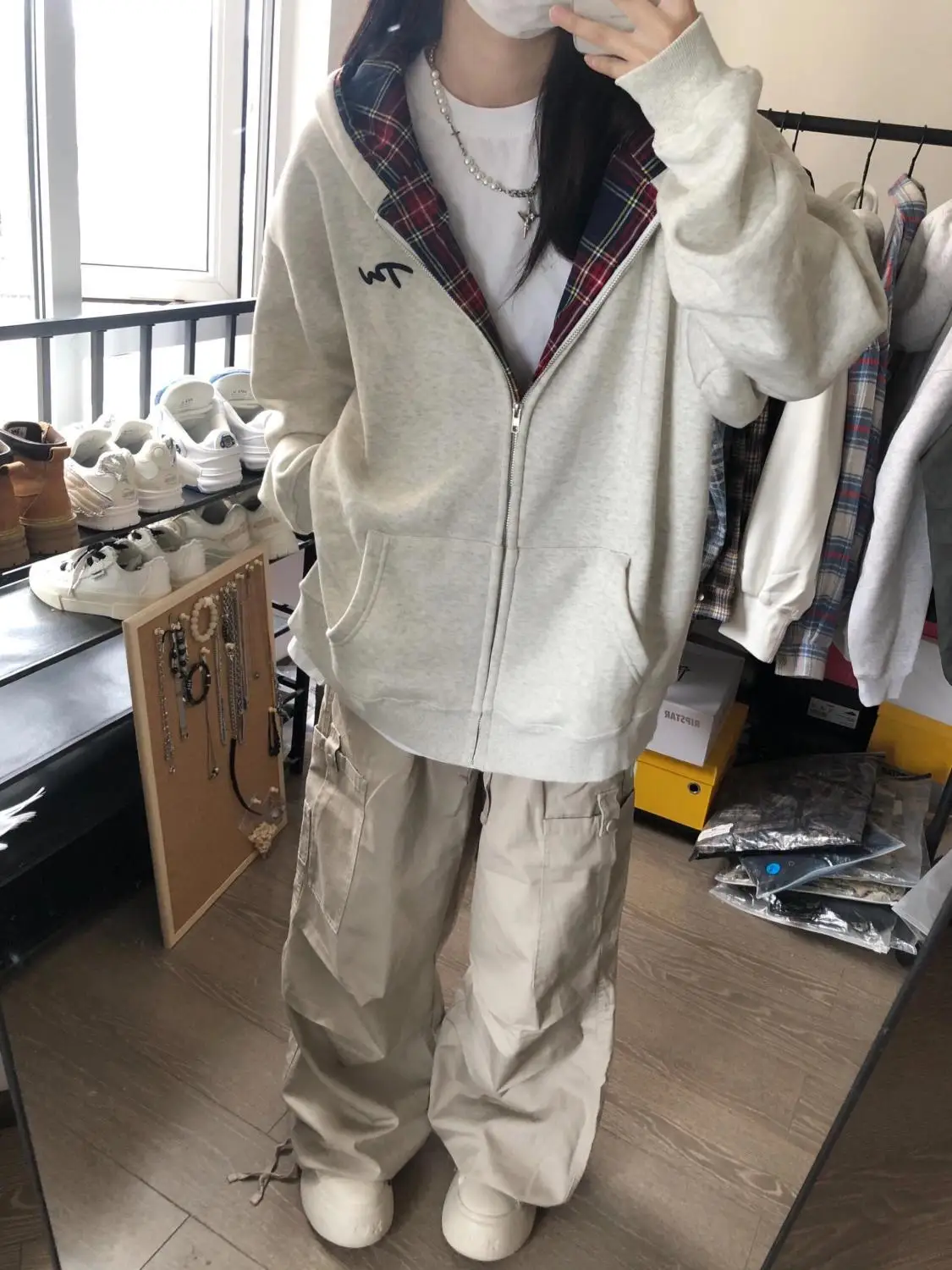 Suda con Capucha de Estilo Retro Americano a Cuadros, Talla ande, con Forro Polar, Cárdigan Abierto, Prenda Exterior Mo...