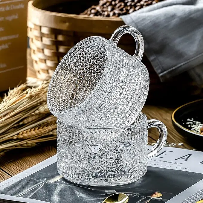 Vintage Glass Coffee Mugs, Breakfast Cup, Sunflower Wooden Lid Spoon, Overnight Oatmeal Cup, Large 450ml