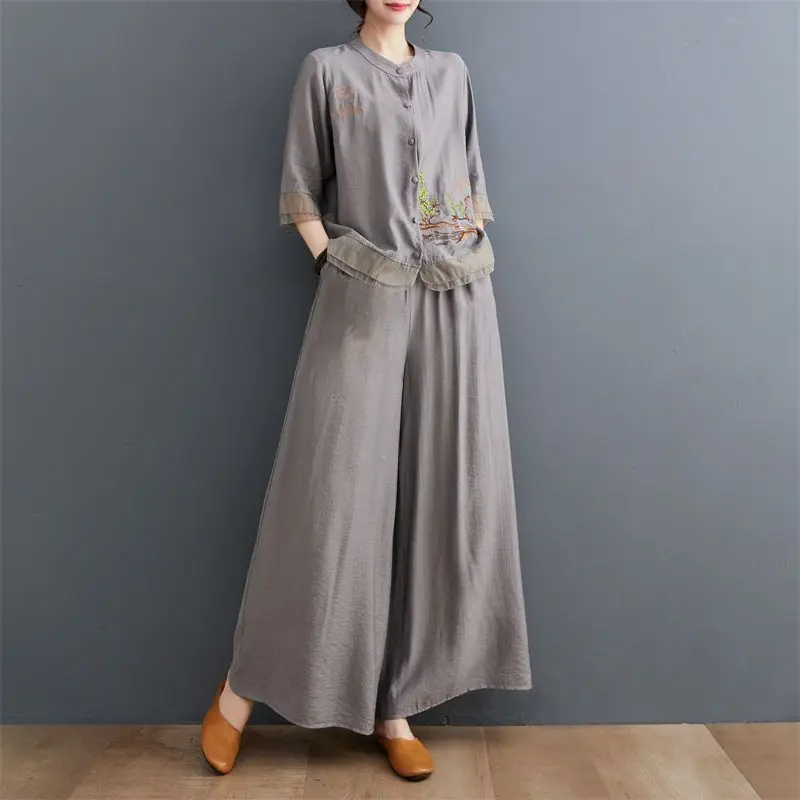Spring Summer Women Leisure Pants 2PCS Middle Aged Mother Cotton Linen Suit 2026 Female Embroidery Two-piece Set Large Size 5XL