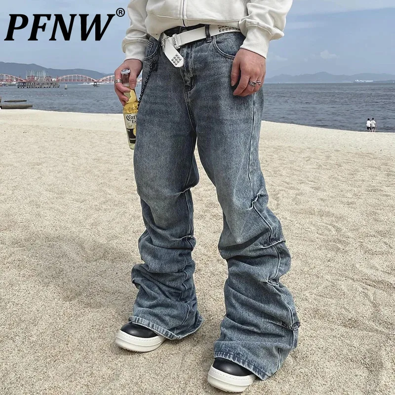 PFNW Menswear American Vintage Design Distressed Micro-flare Jeans Men's Cleanfit Casual Loose Blue Denim Long Pants 12C1594