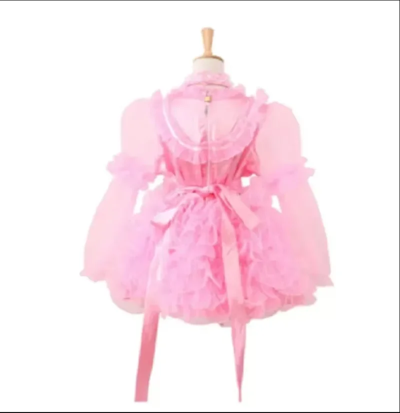 Fashionable Adult Giant Baby Pink Satin Low Chest Bow Short Dress Organza Long Sleeves Multi layered hem Multi color Lockable