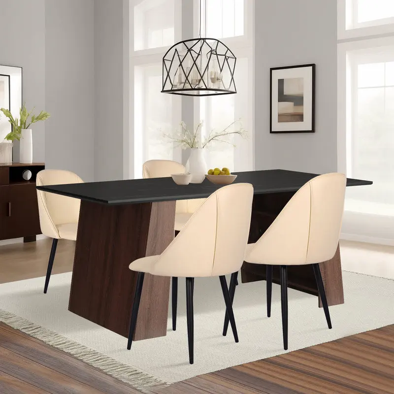 

Factory Direct Modern Particleboard Dining Table with Marble Effect Top and Concealed Storage Rack
