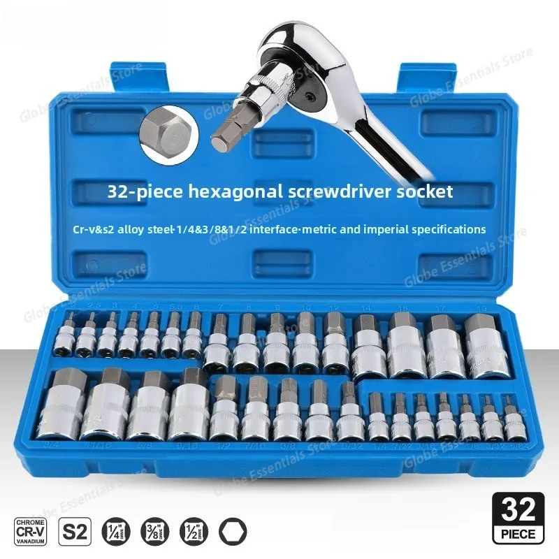32pcs Master Hex Bit Socket Set Allen Wrench Bit Kit Hex Key for Ratchet Socket Tool Inch and Metric 3/8, 1/4, 1/2 Drive Socket