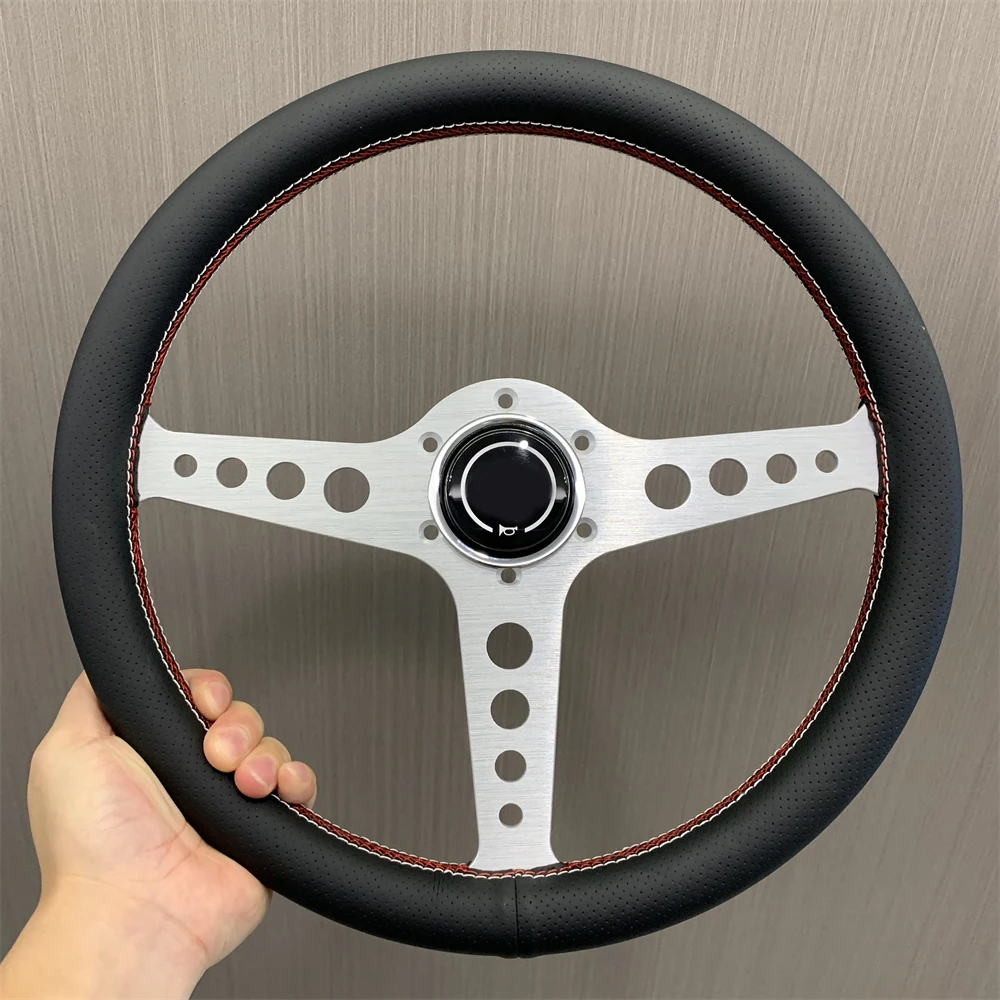 5mm Round Hole Falt Bracket Universal Racing Steering 350mm Black Microfiber Perforated Leather Steering Wheel for Rallying