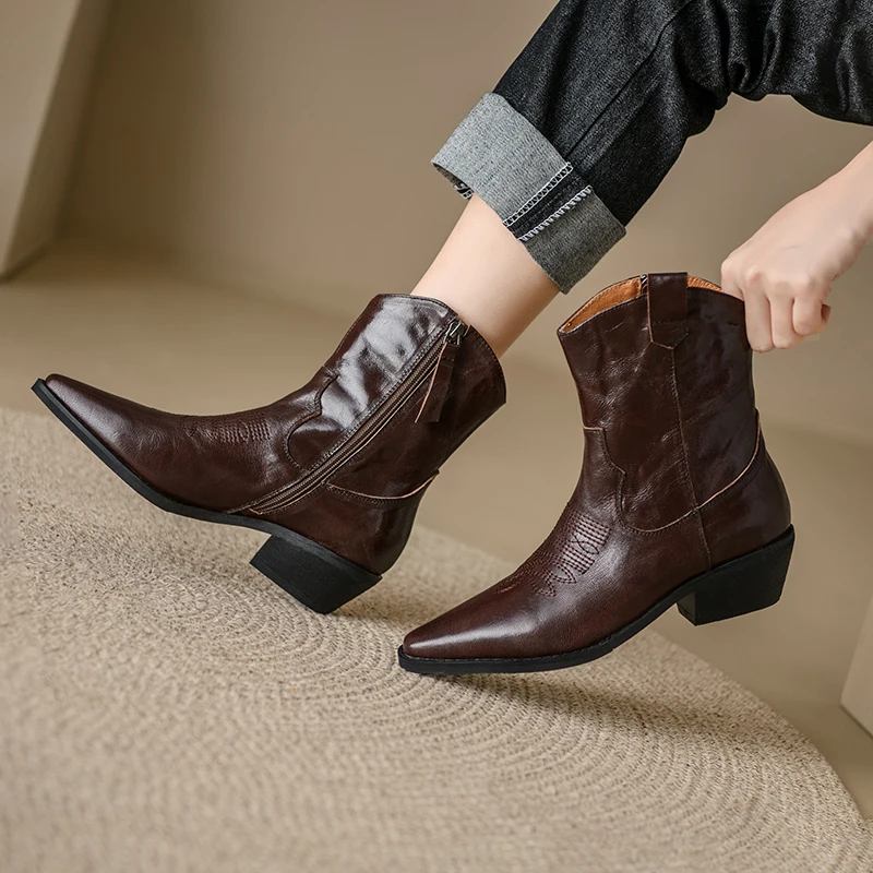 Petite Feet Sheepskin Leather Women Ankle Boots Black Brown Mid Block Heels Oversize Zipper Square Toe Fashion Western Boots