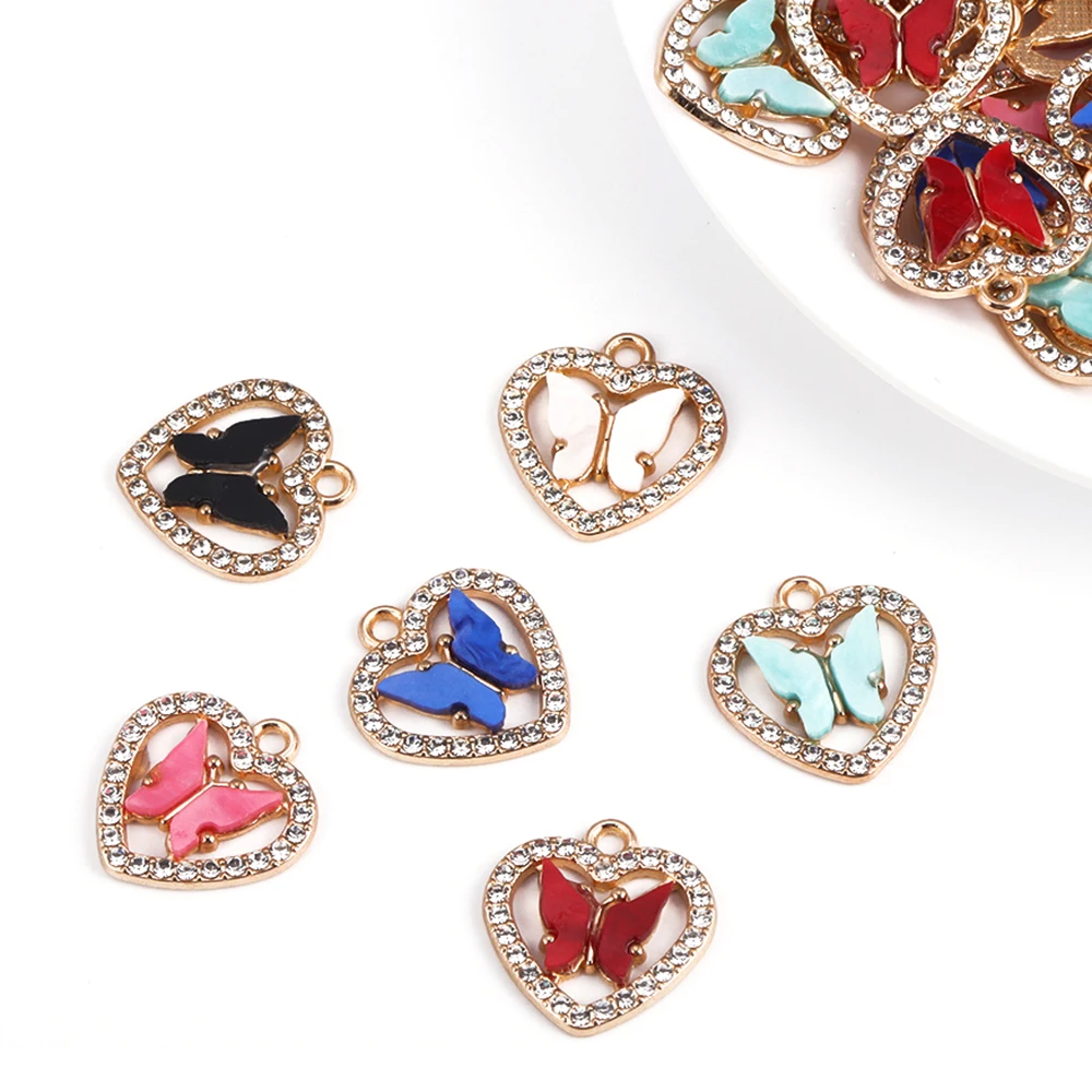 

10Pcs/Lot Shiny Colorful Rhinestone Heart Butterfly Pendants For DIY Earrings Necklace Bracelet Jewelry Making Charms Supplies