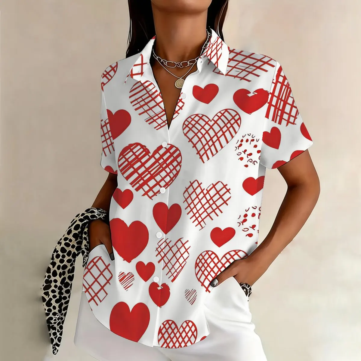 

Plus-size women's summer short-sleeve shirt with sweet heart prints, versatile for outdoor wear on Valentine's Day and anniversa