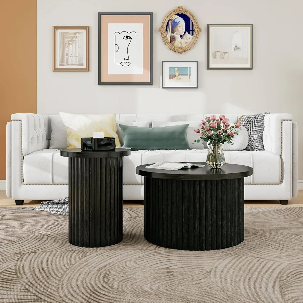 Set di 2 tavolini da caffè impilabili in legno, tavolini rotondi moderni con piedini antiscivolo, tavolini scanalati Nesting per soggiorno Bal